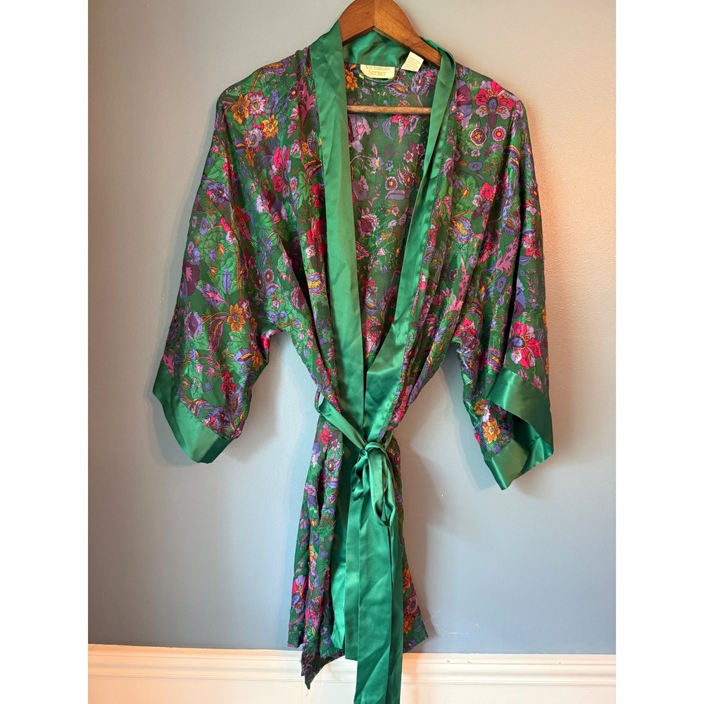 Vintage Victorias Secret Gold Label Green Floral Satin Robe Kimono One Size